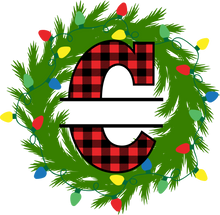 Load image into Gallery viewer, Wreath Lights Red Plaid Monogram Split Letters