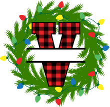 Load image into Gallery viewer, Wreath Lights Red Plaid Monogram Split Letters