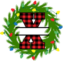 Load image into Gallery viewer, Wreath Lights Red Plaid Monogram Split Letters