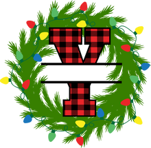 Load image into Gallery viewer, Wreath Lights Red Plaid Monogram Split Letters